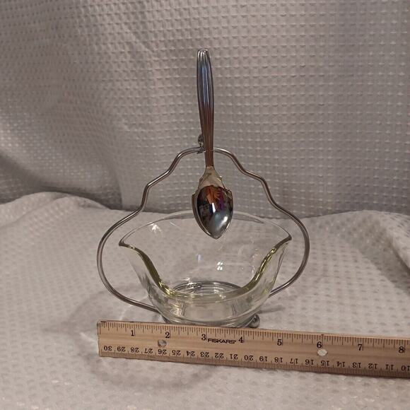 Sheffield England MCM Condiment Glass Bowl & Spoon on Caddy Silver Plate VTG - Picture 11 of 11